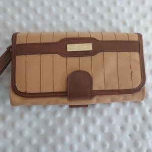 Vintage 70s Brown Canvas Wallet Ladies Coin Purse Pocket Book Clutch Checkbook
